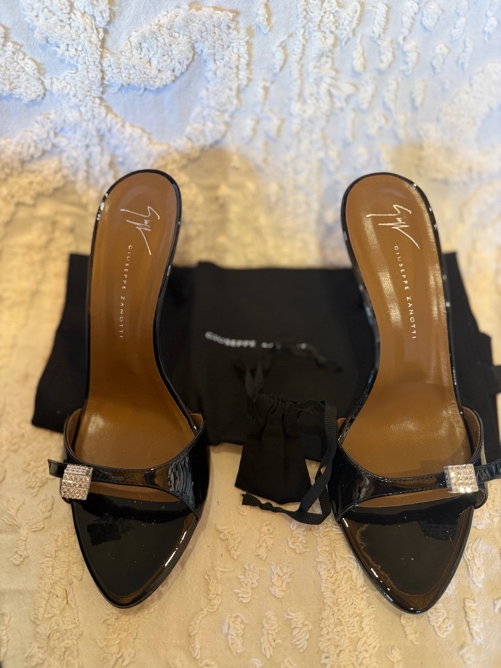 Giuseppe Zanotti Black Patent High Heel Mules with Crystal Accent #595